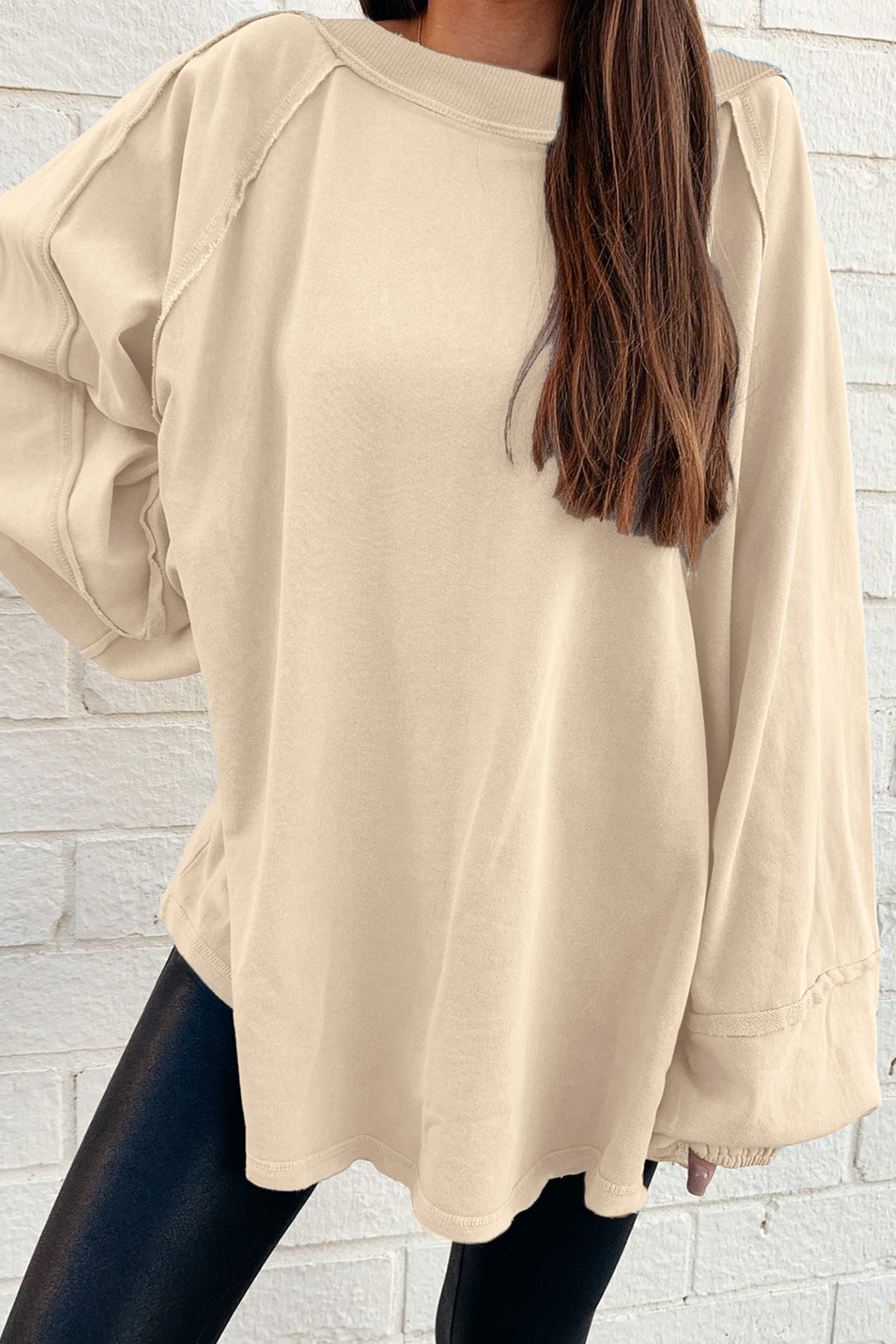 *Beige Solid Color Raw Seam Patchwork Baggy Sweatshirt