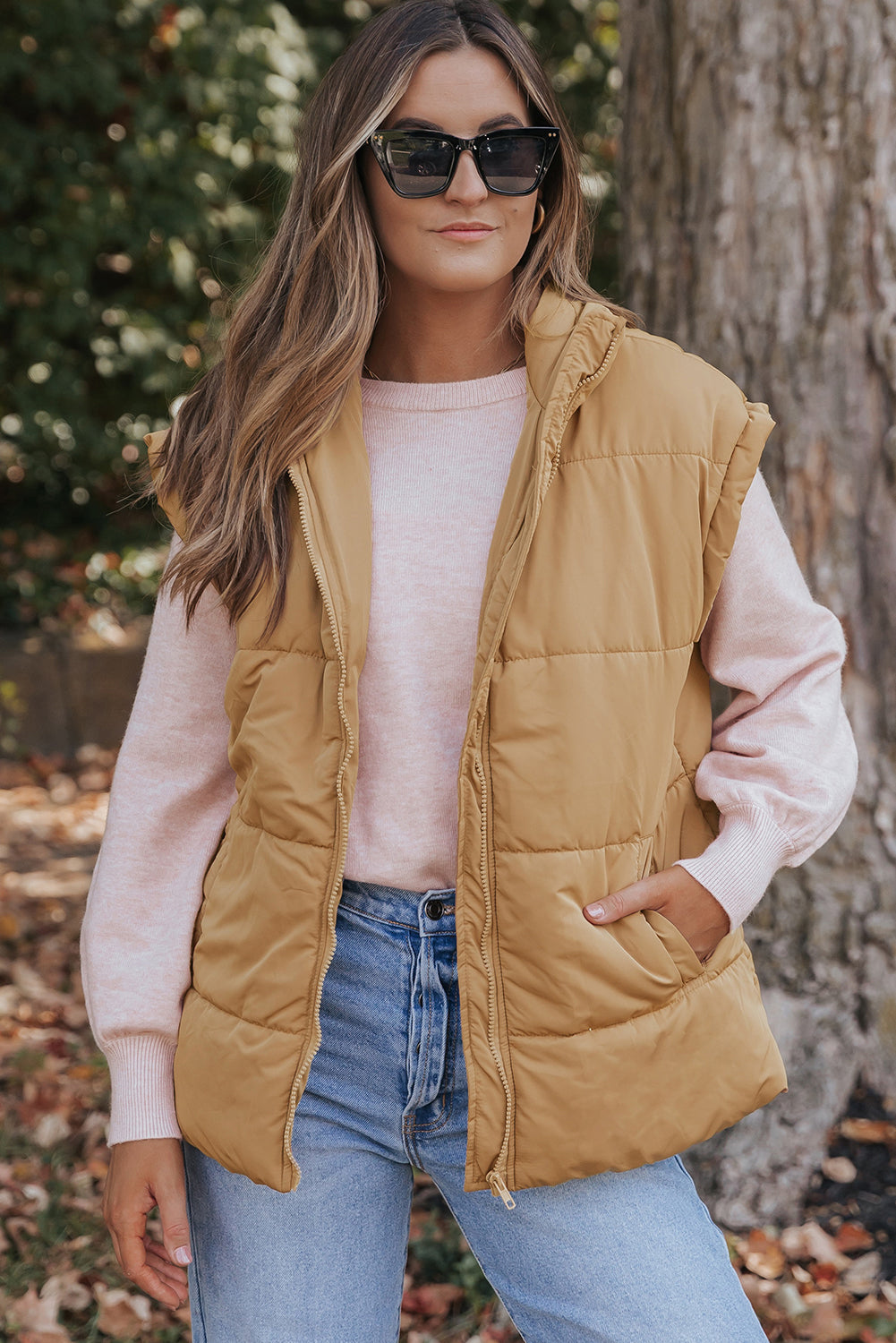 *Khaki Oversized Stand Collar Zip Winter Vest