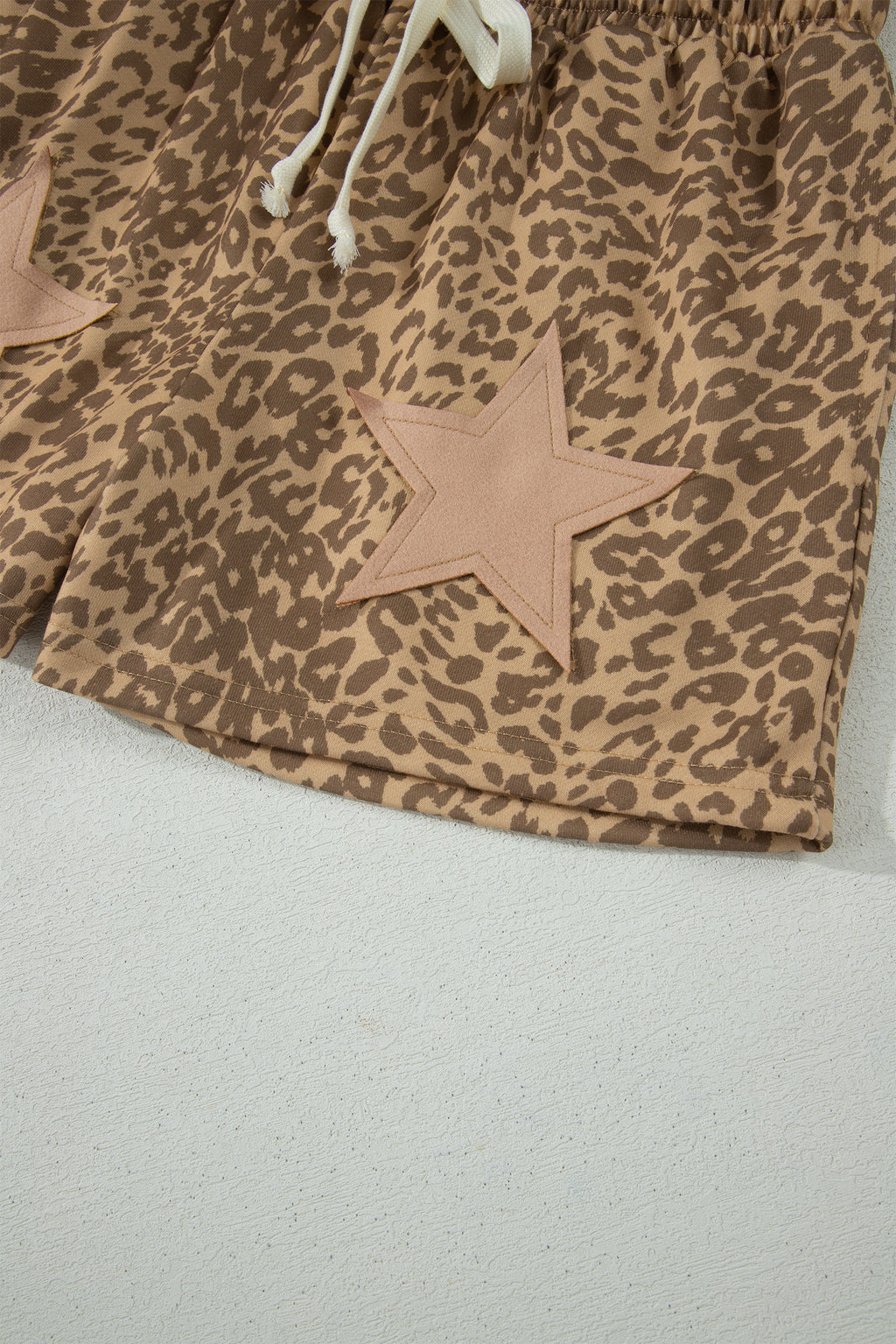 *Khaki Leopard Drawstring Elastic Waist Star Patched Shorts