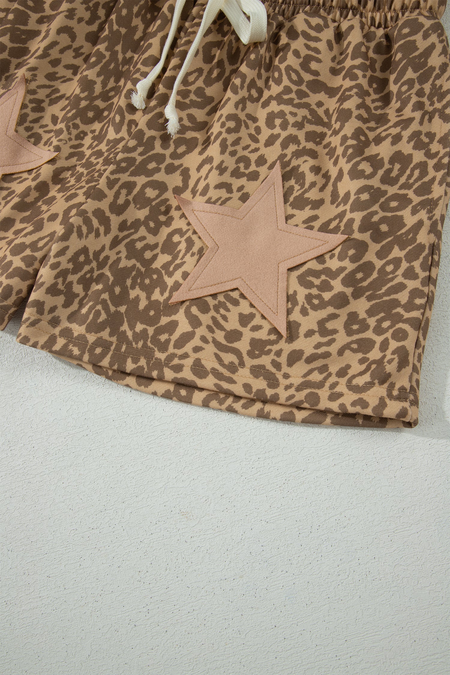 *Khaki Leopard Drawstring Elastic Waist Star Patched Shorts