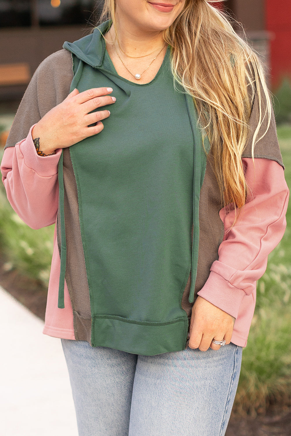*Green Plus Size Colorblock Patchwork V Neck Hoodie