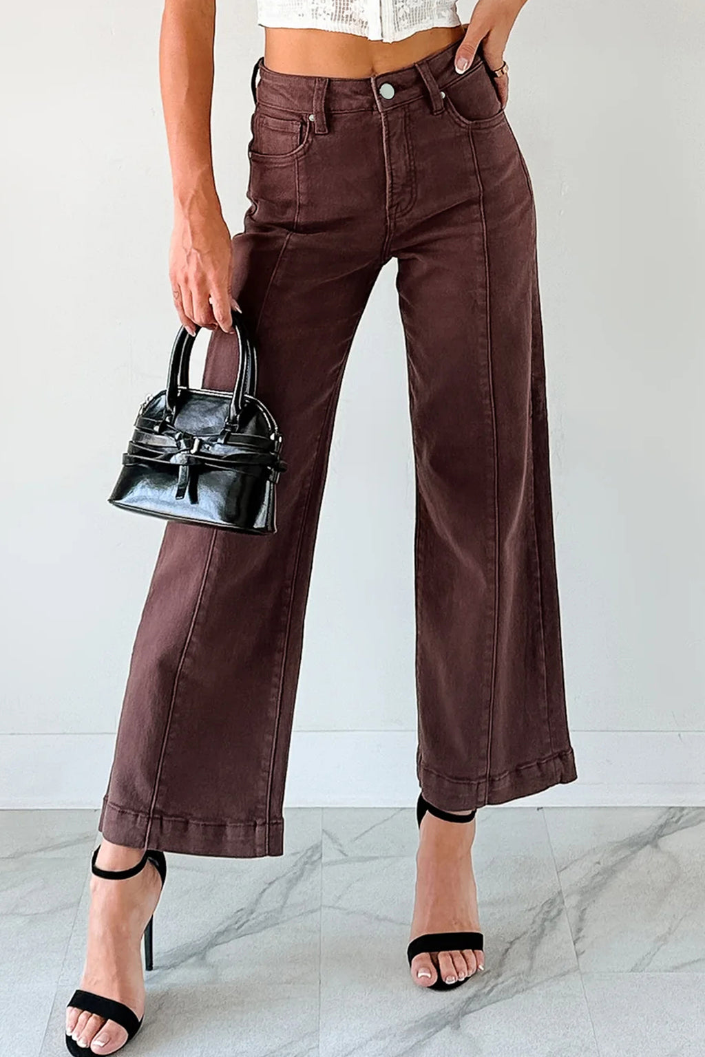 *Red Sandalwood Solid Color Seamed Center Wide Leg Cropped Jeans