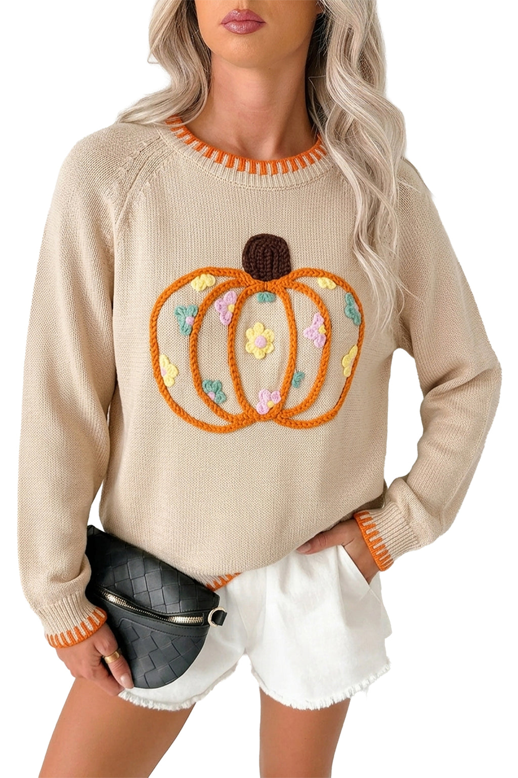 *Parchment Floral Embroidery Pumpkin Long Sleeve Round Neck Sweater