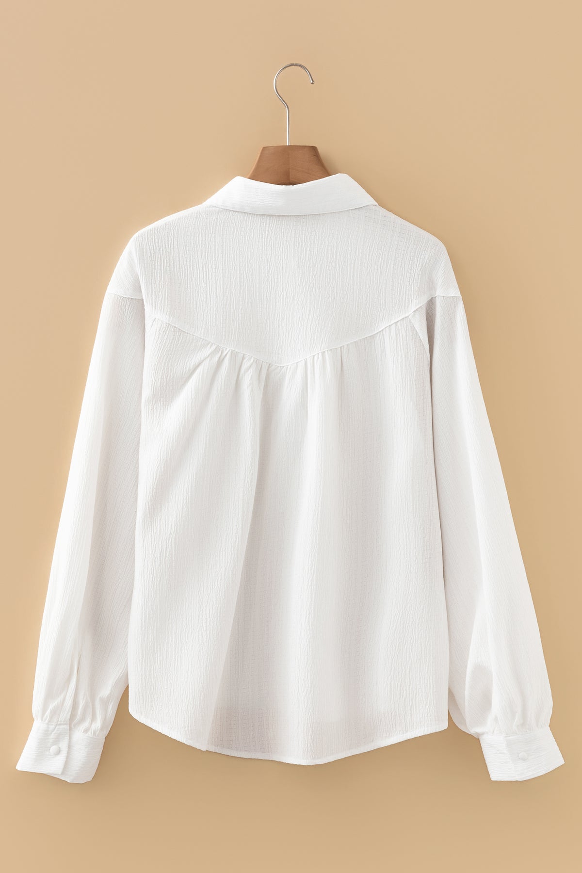 *White Crinkled Texture Lantern Sleeve Button Down Loose Shirt