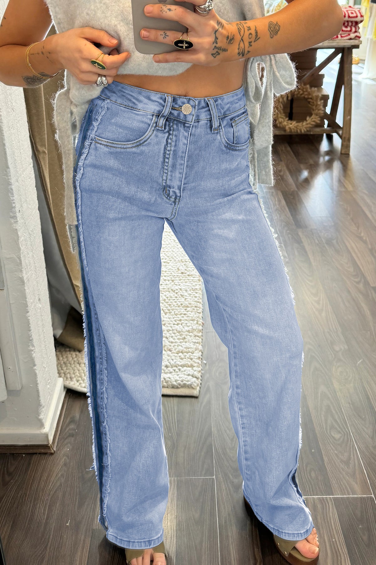 *Beau Blue Contrast Stripe Frayed Side Panel Patchwork Shift Jeans