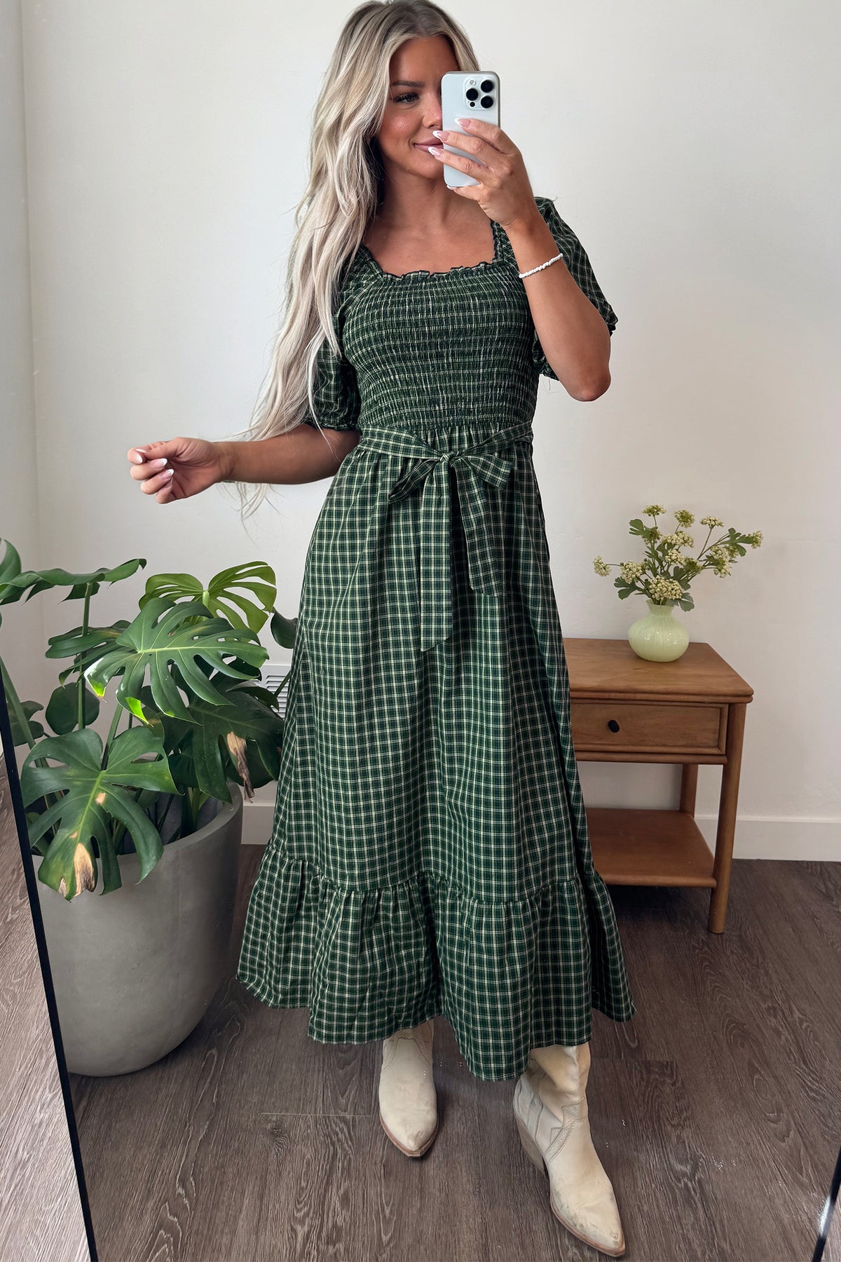 *Green Plaid Square Neck Shirred High Waist Ruffle Hem Dress