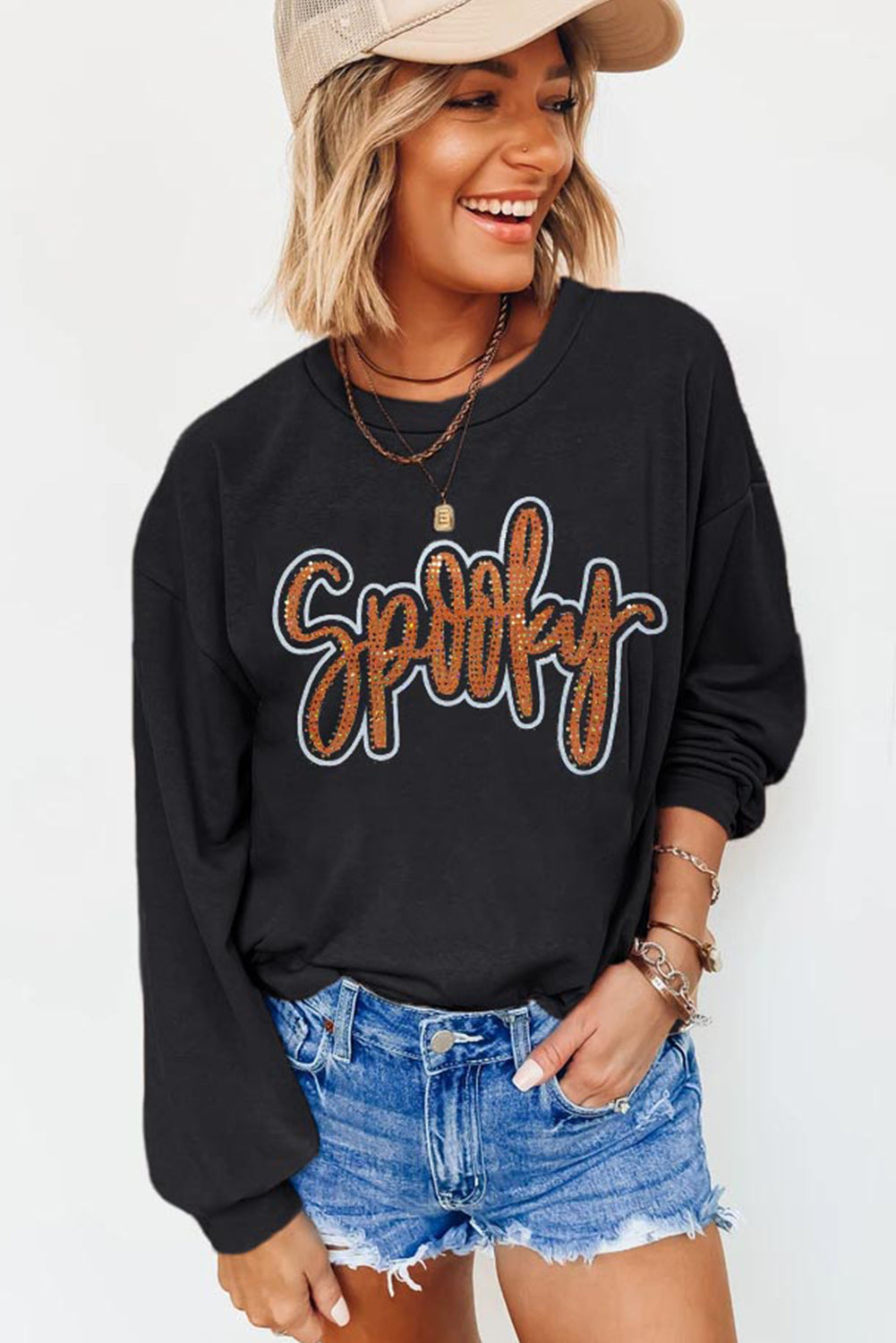*Black Spooky Rhinestone Drop Shoulder Graphic Sweatshirt