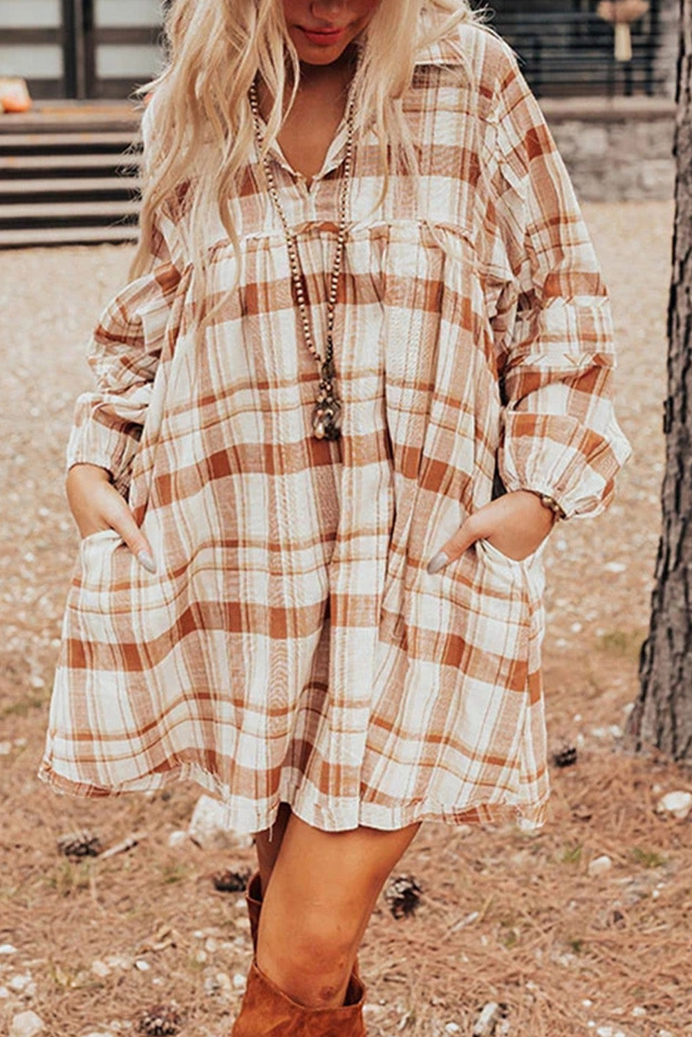 *Brown Plaid Print Side Pockets Frilled Babydoll Mini Dress