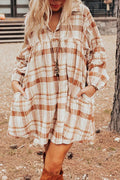 *Brown Plaid Print Side Pockets Frilled Babydoll Mini Dress