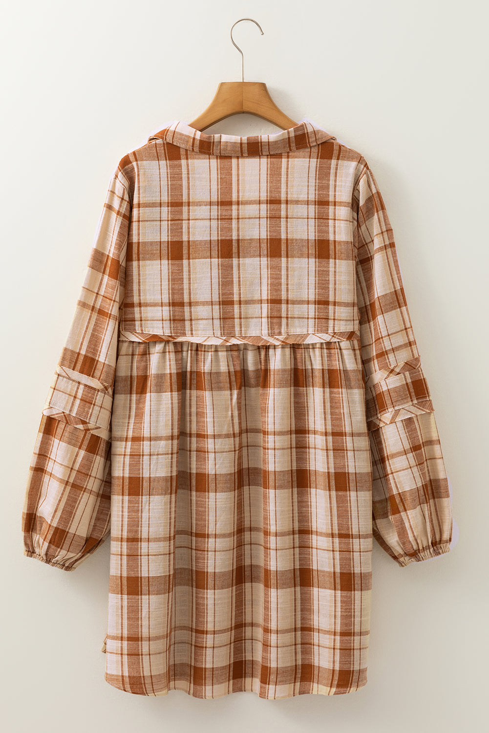 *Brown Plaid Print Side Pockets Frilled Babydoll Mini Dress