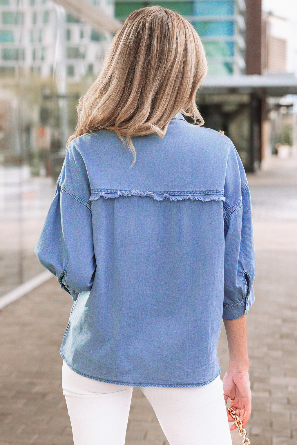 *Myosotis Washed Drop Shoulder Bracelet Sleeve Chambray Shirt
