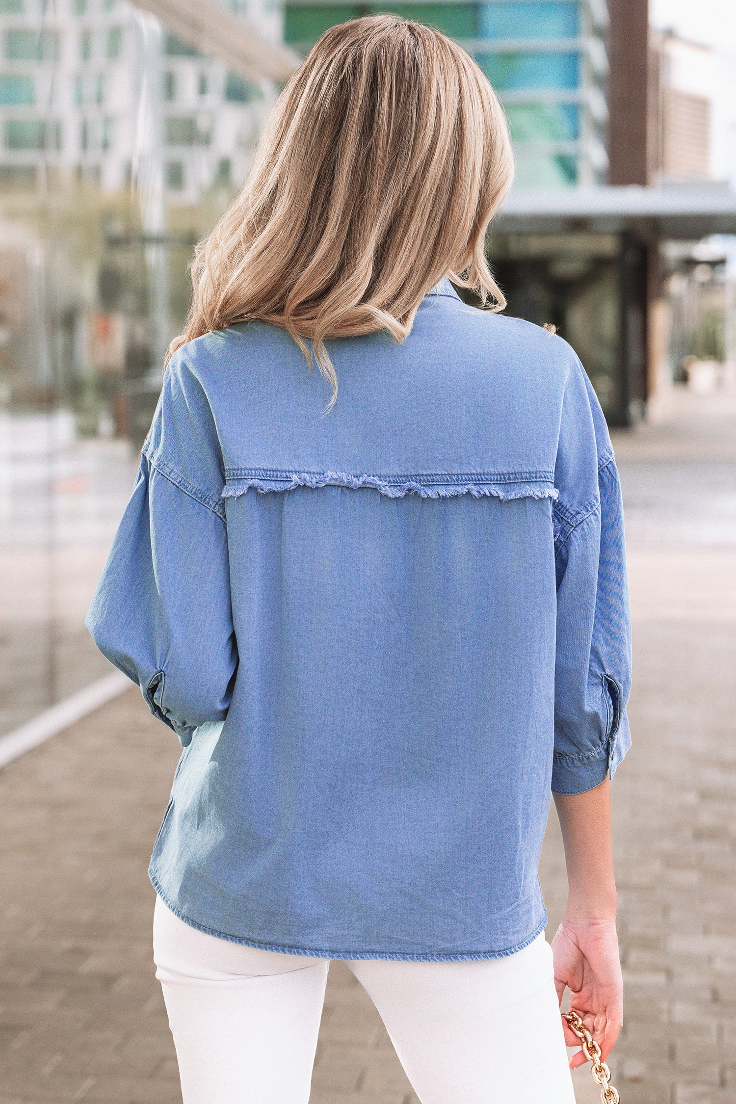 *Myosotis Washed Drop Shoulder Bracelet Sleeve Chambray Shirt