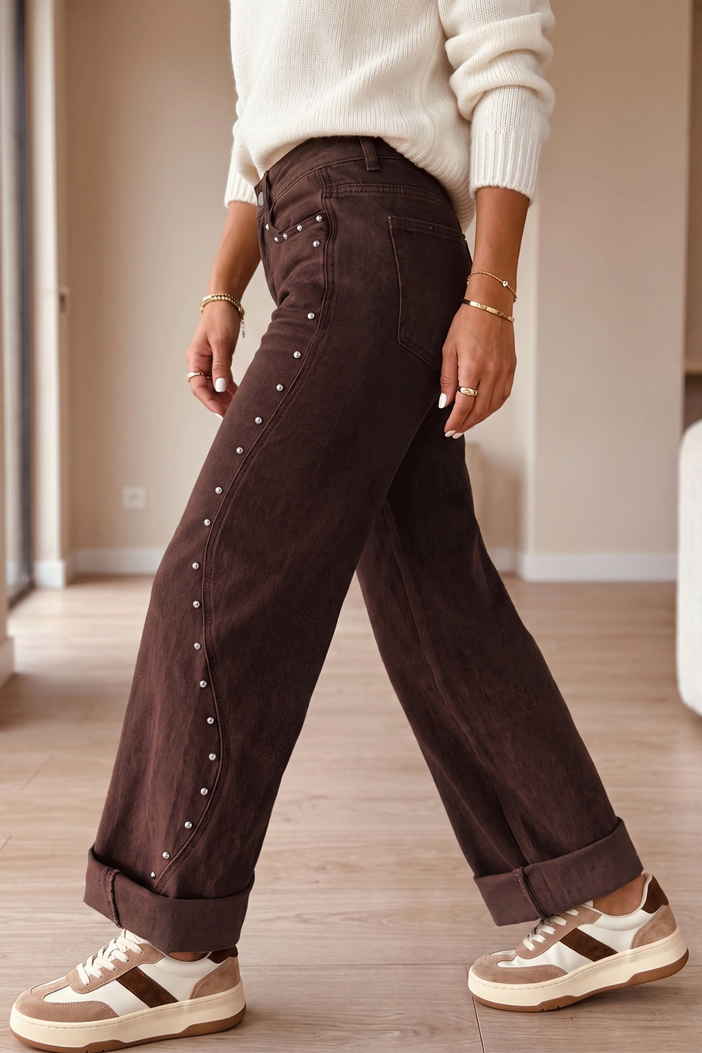 *Coffee Side Seam Rivet Detail Ankle Length Casual Jeans