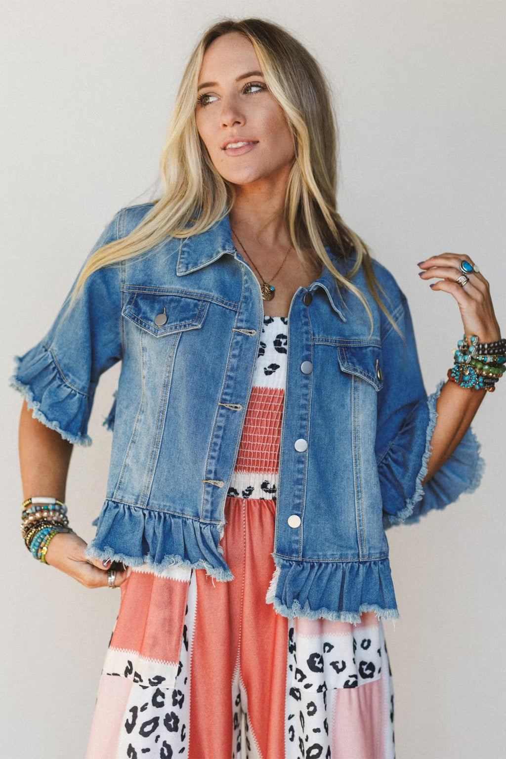 *Blue Ruffle Hem Raw Edge Half Sleeve Western Denim Jacket