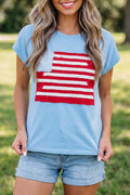 Mist Blue USA Flag Textured Patchwork Cap Sleeve Tee