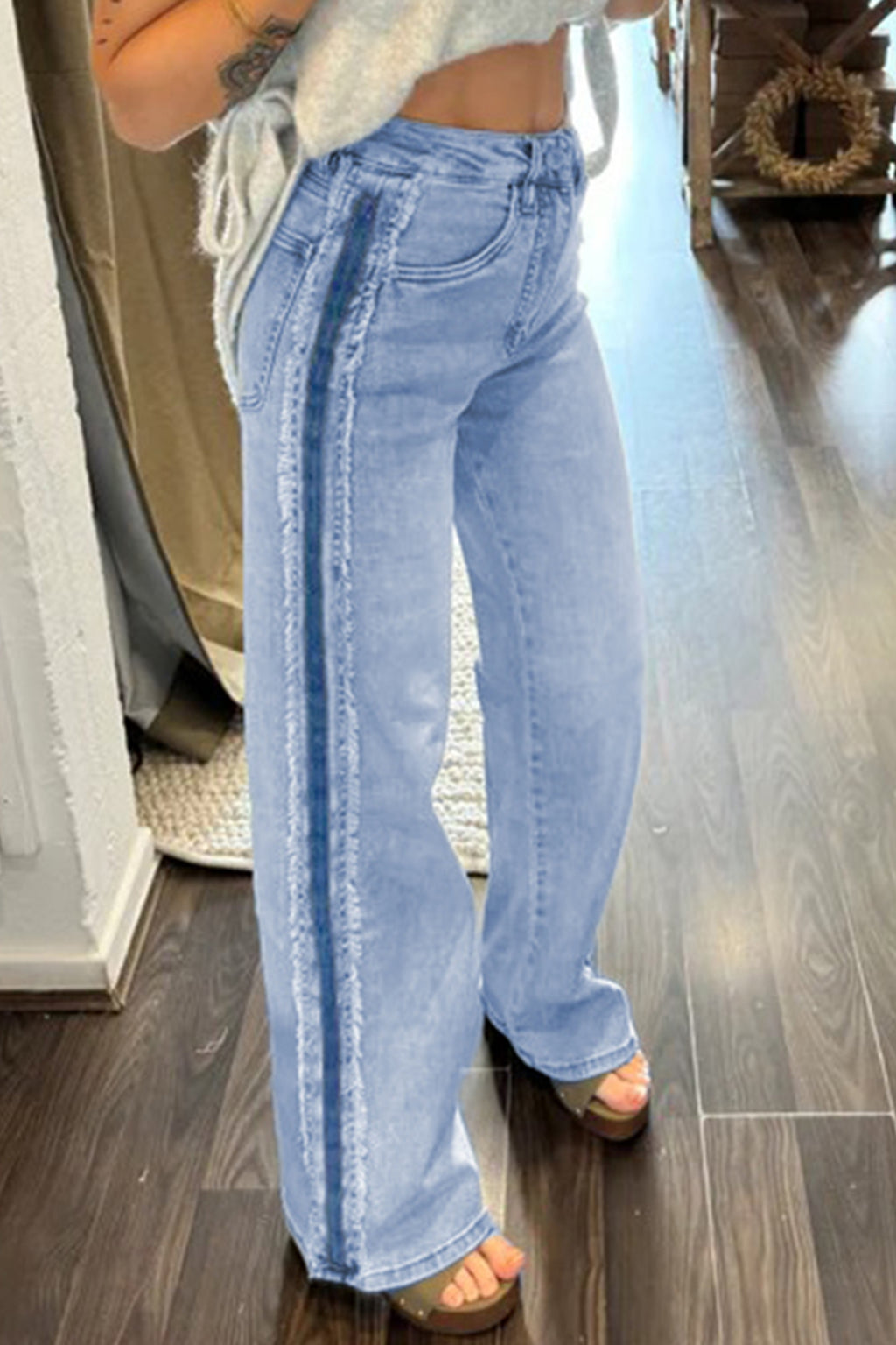 *Beau Blue Contrast Stripe Frayed Side Panel Patchwork Shift Jeans