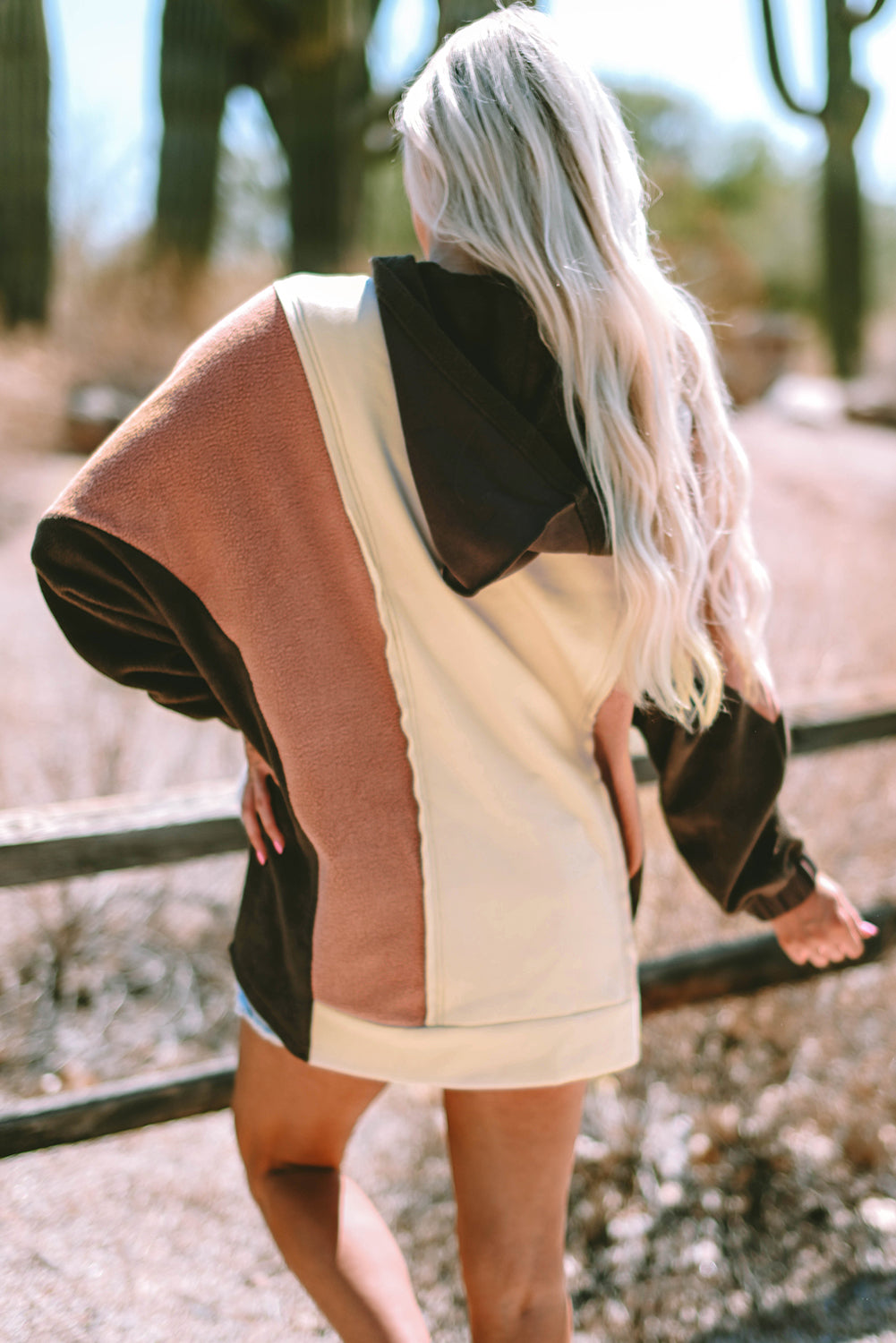 *Beige Oversized Color Block Patchwork High Low Hoodie