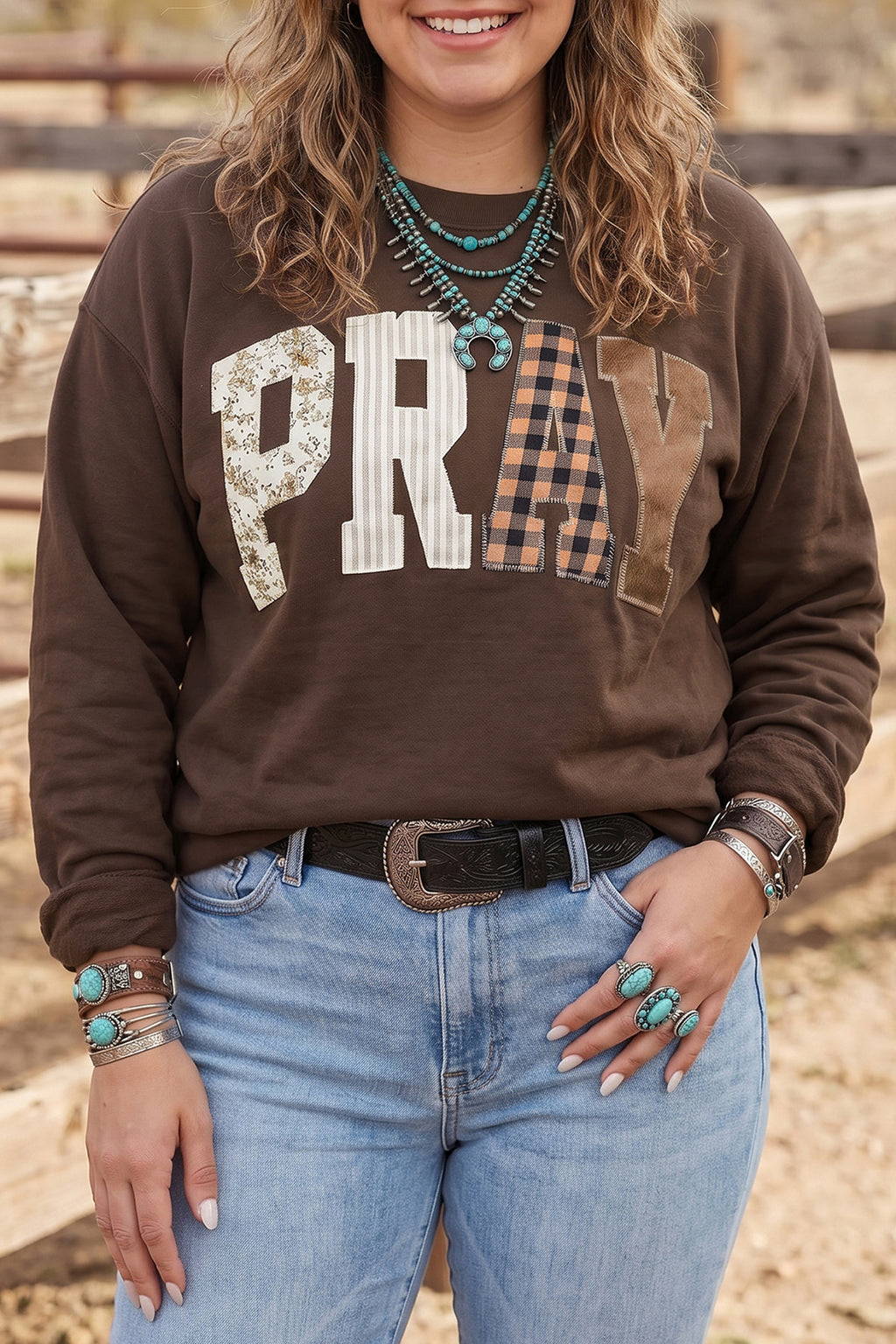 *Coffee PRAY Letter Patchwork Round Neck Long Sleeve Plus Size Sweatshirt