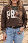 *Coffee PRAY Letter Patchwork Round Neck Long Sleeve Plus Size Sweatshirt