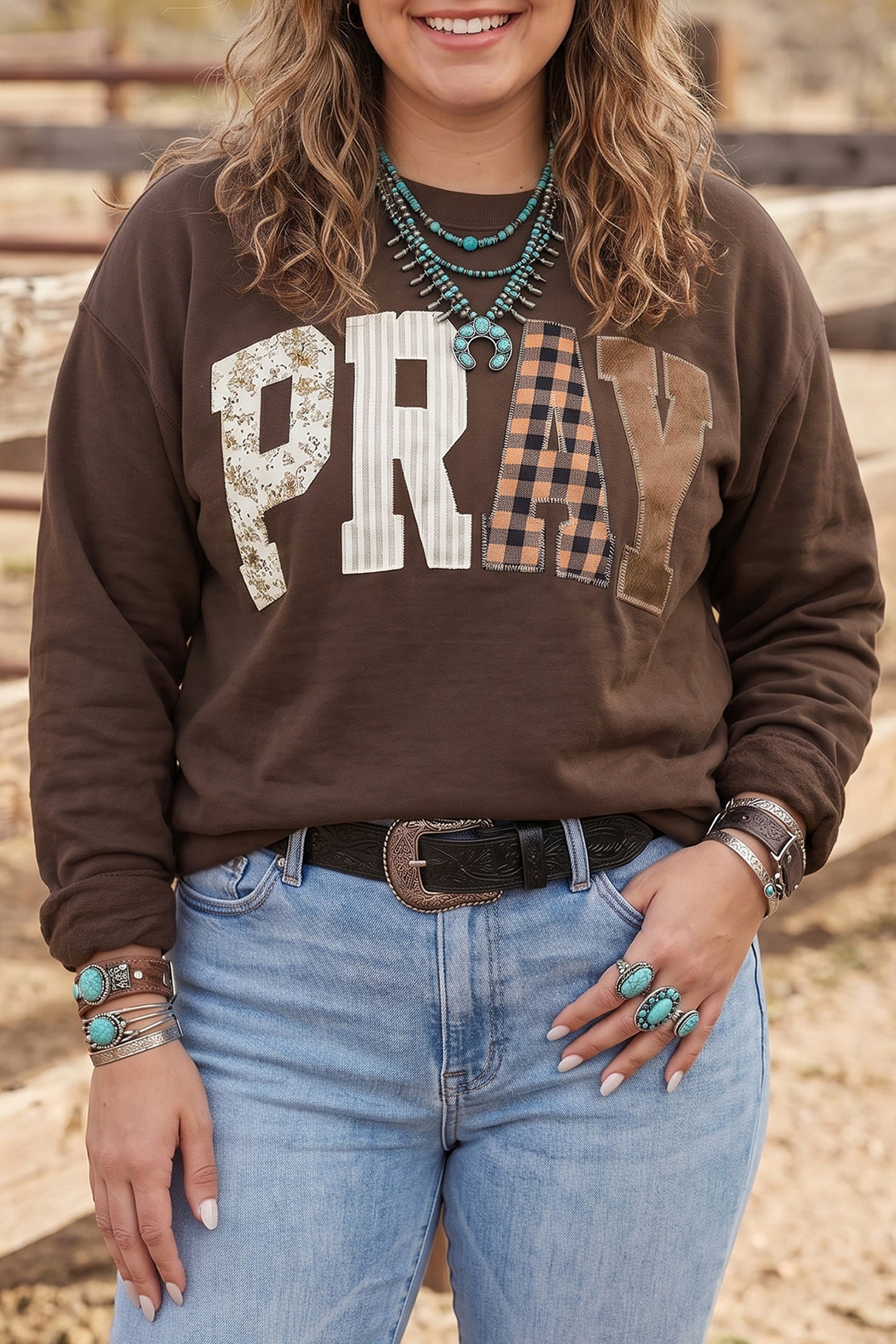 *Coffee PRAY Letter Patchwork Round Neck Long Sleeve Plus Size Sweatshirt