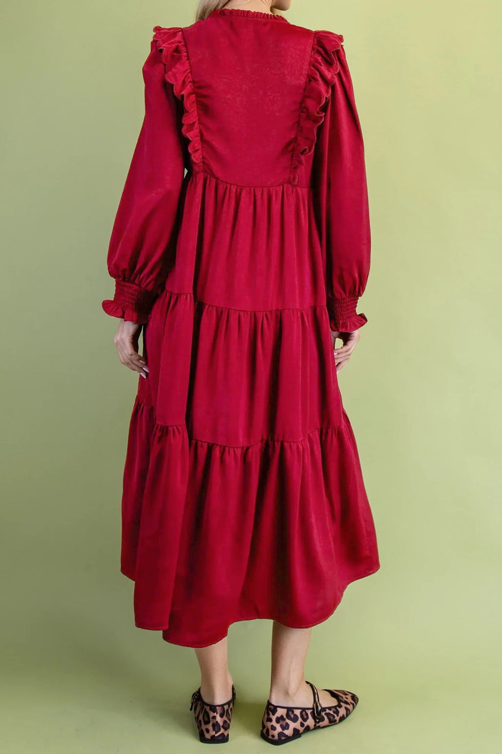 *Racing Red Solid Color Ruffle Trim Long Sleeve Tiered Shift Midi Dress