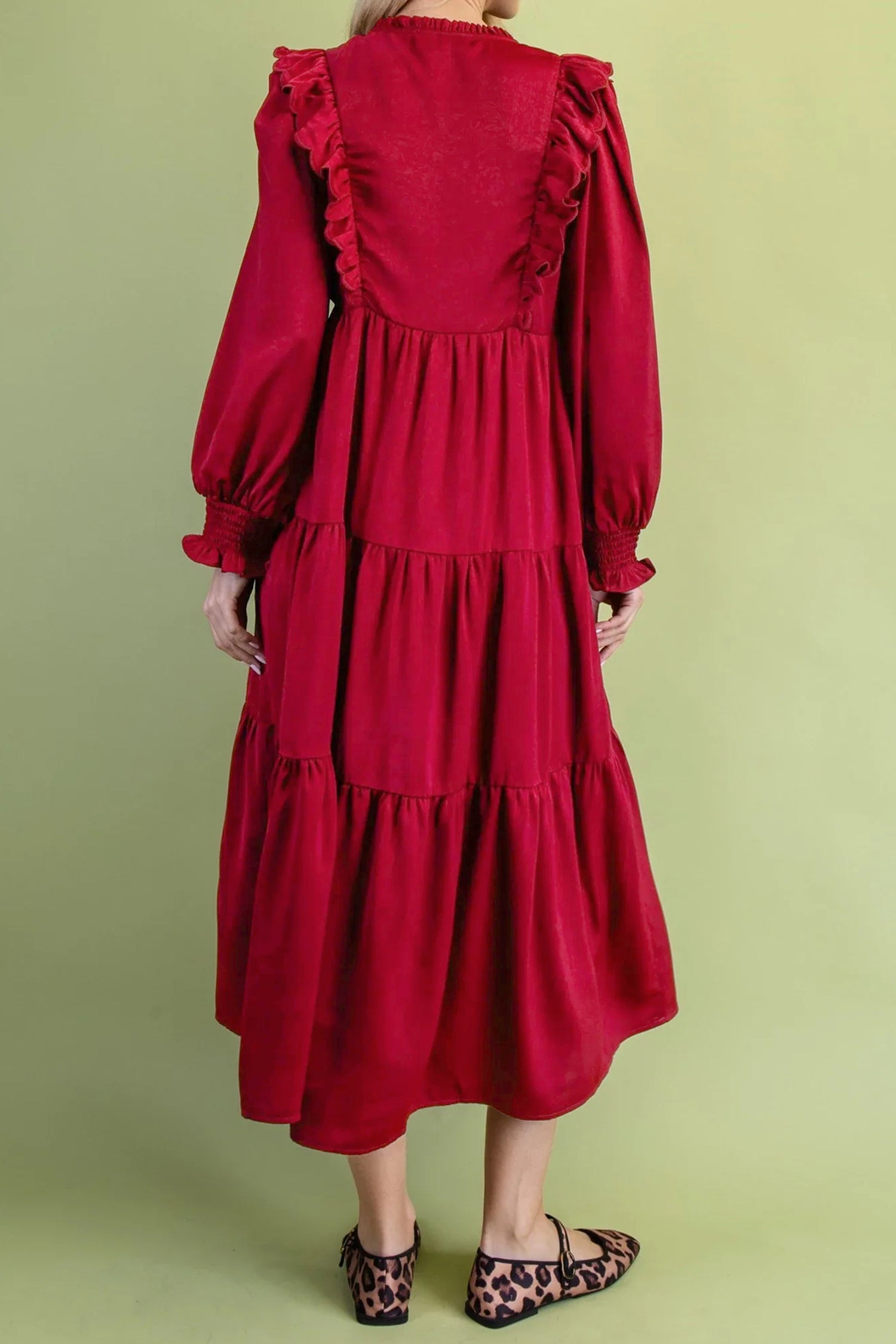 *Racing Red Solid Color Ruffle Trim Long Sleeve Tiered Shift Midi Dress