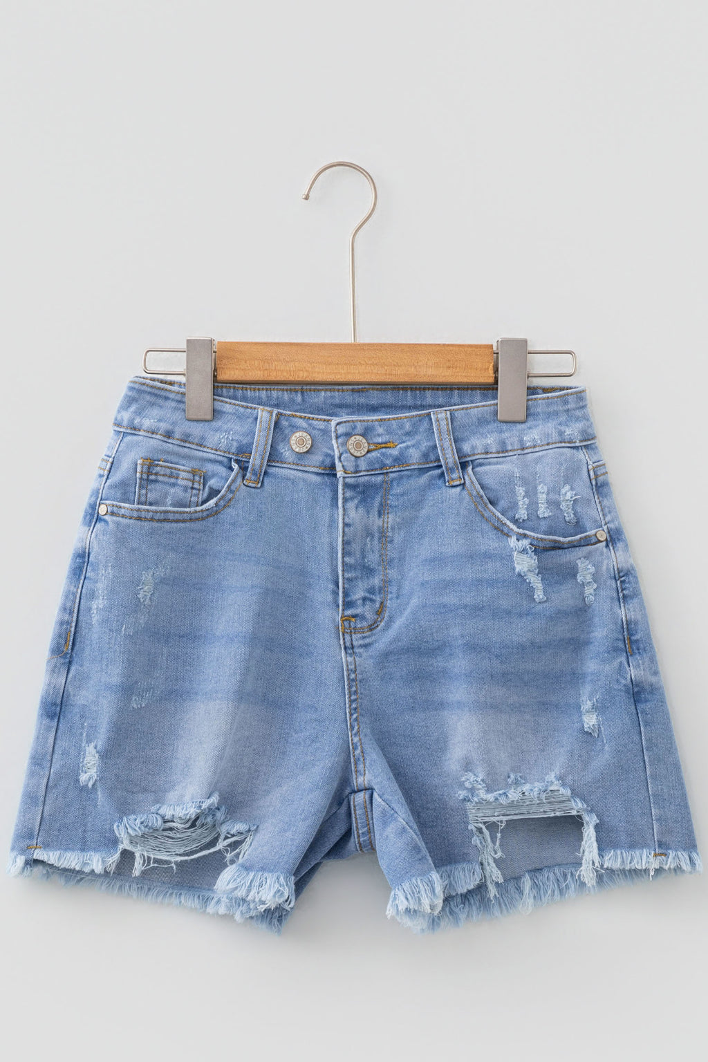 *Beau Blue Asymmetric Raw Hem Distressed Whiskery Denim Shorts