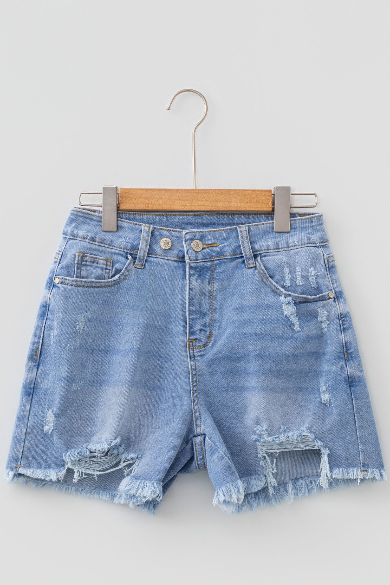 *Beau Blue Asymmetric Raw Hem Distressed Whiskery Denim Shorts