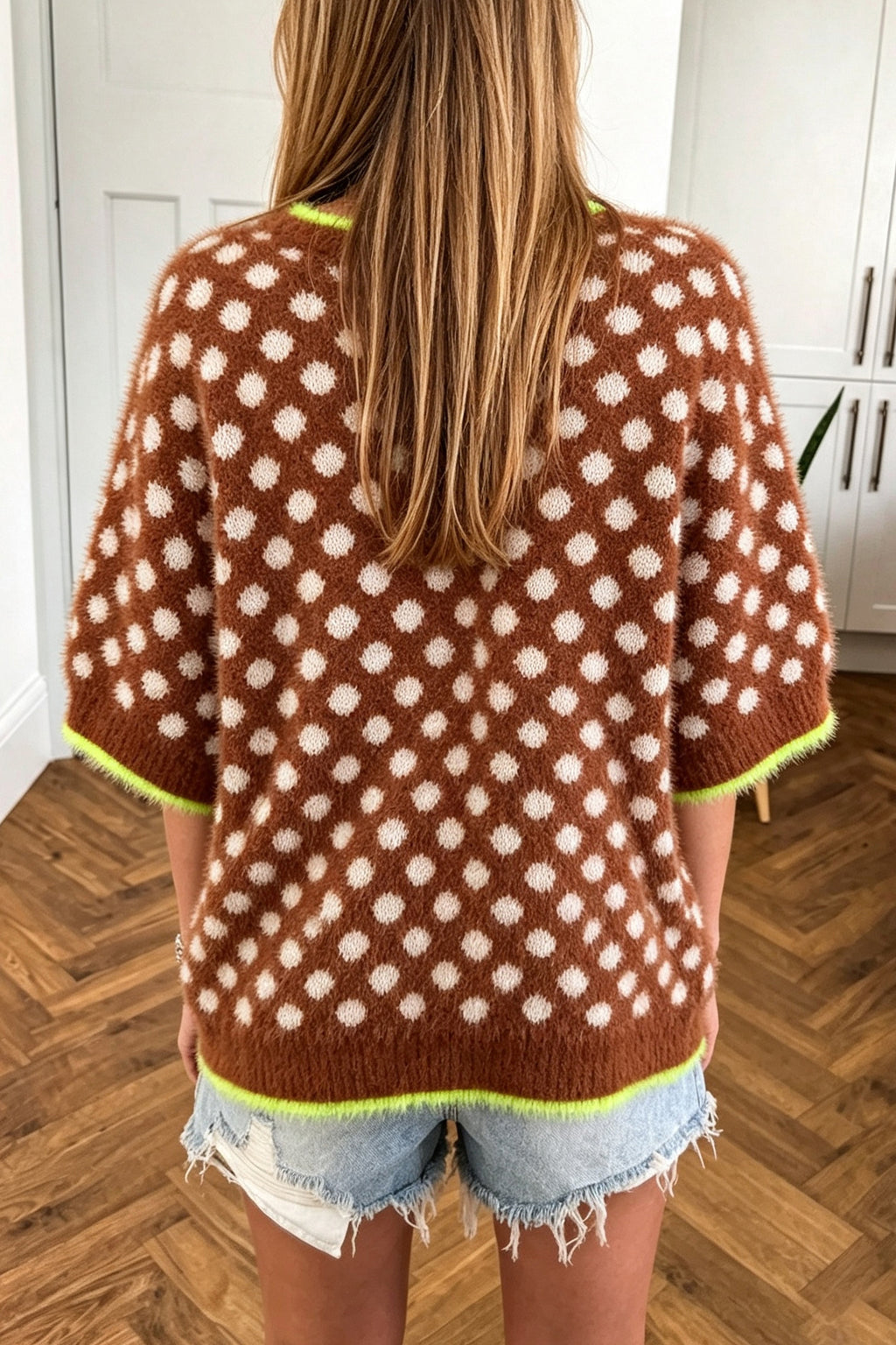 *Coffee Polka Dot Contrast Trim Round Neck Half Sleeve Sweater