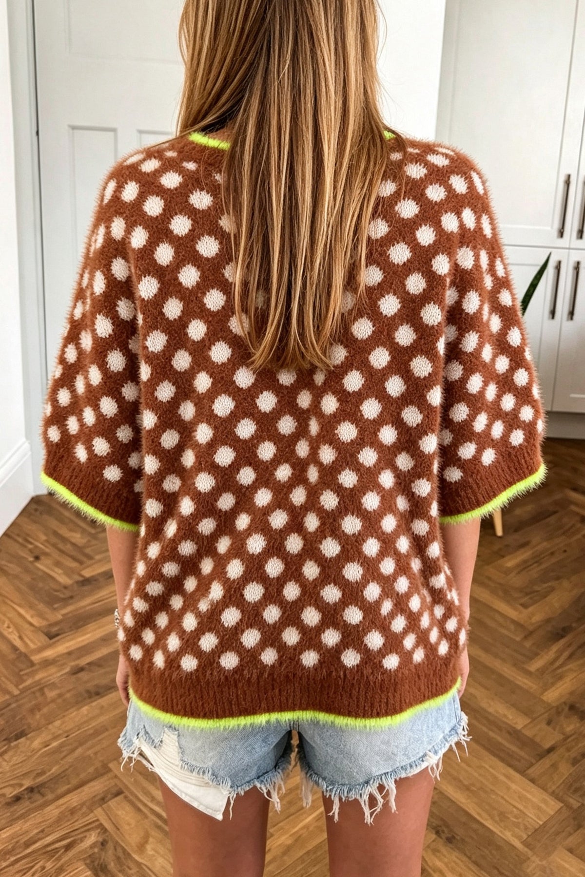 *Coffee Polka Dot Contrast Trim Round Neck Half Sleeve Sweater