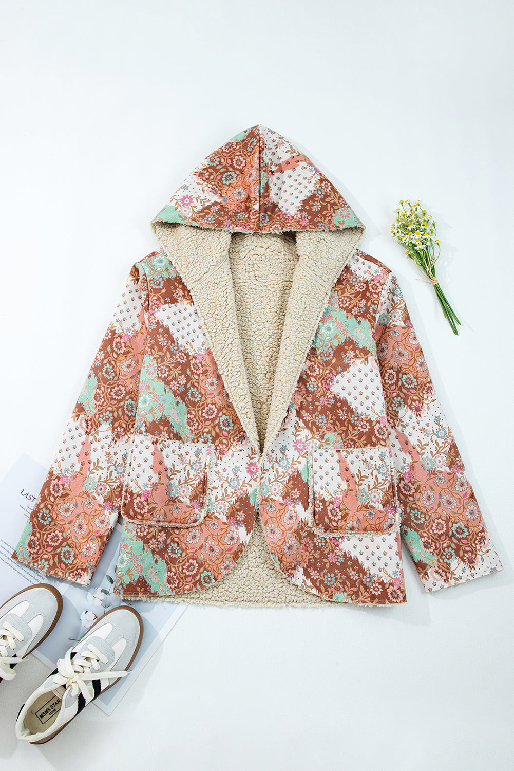 *Khaki Vintage Floral Printed Sherpa Lined Hooded Jacket