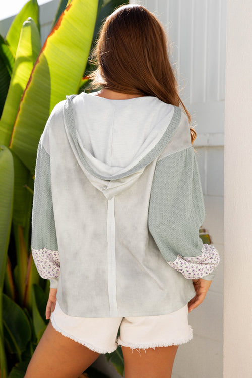 *Green Floral Patched Waffle Textured Colorblock V Neck Casual Hooded Top