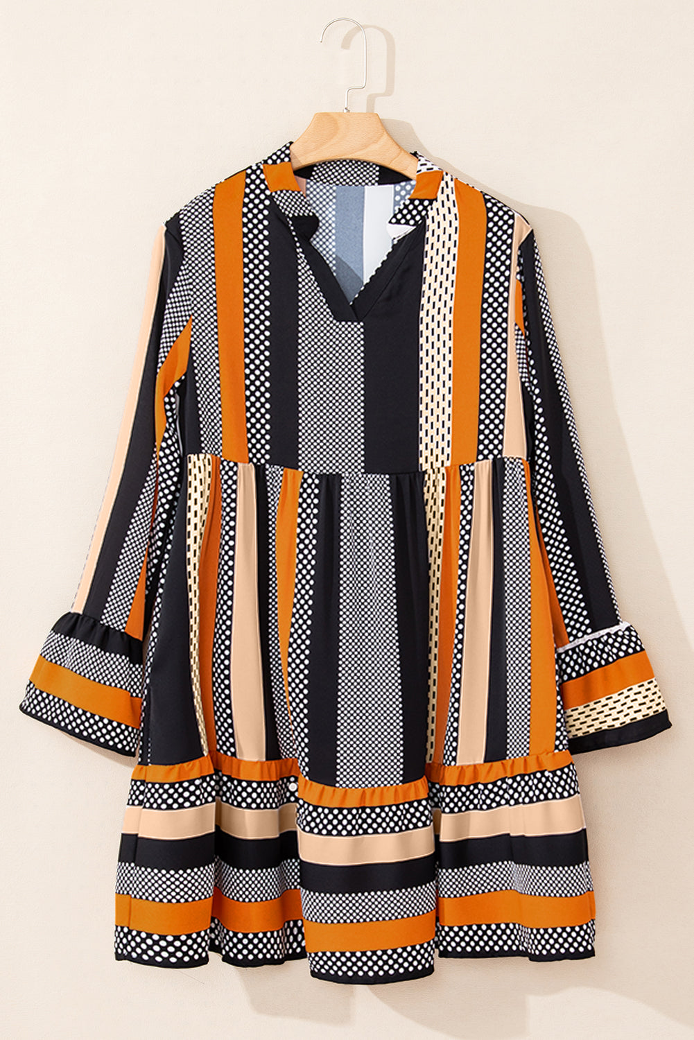 *Black Striped Polka Dot Print Ruffled Hem V Neck Mini Dress