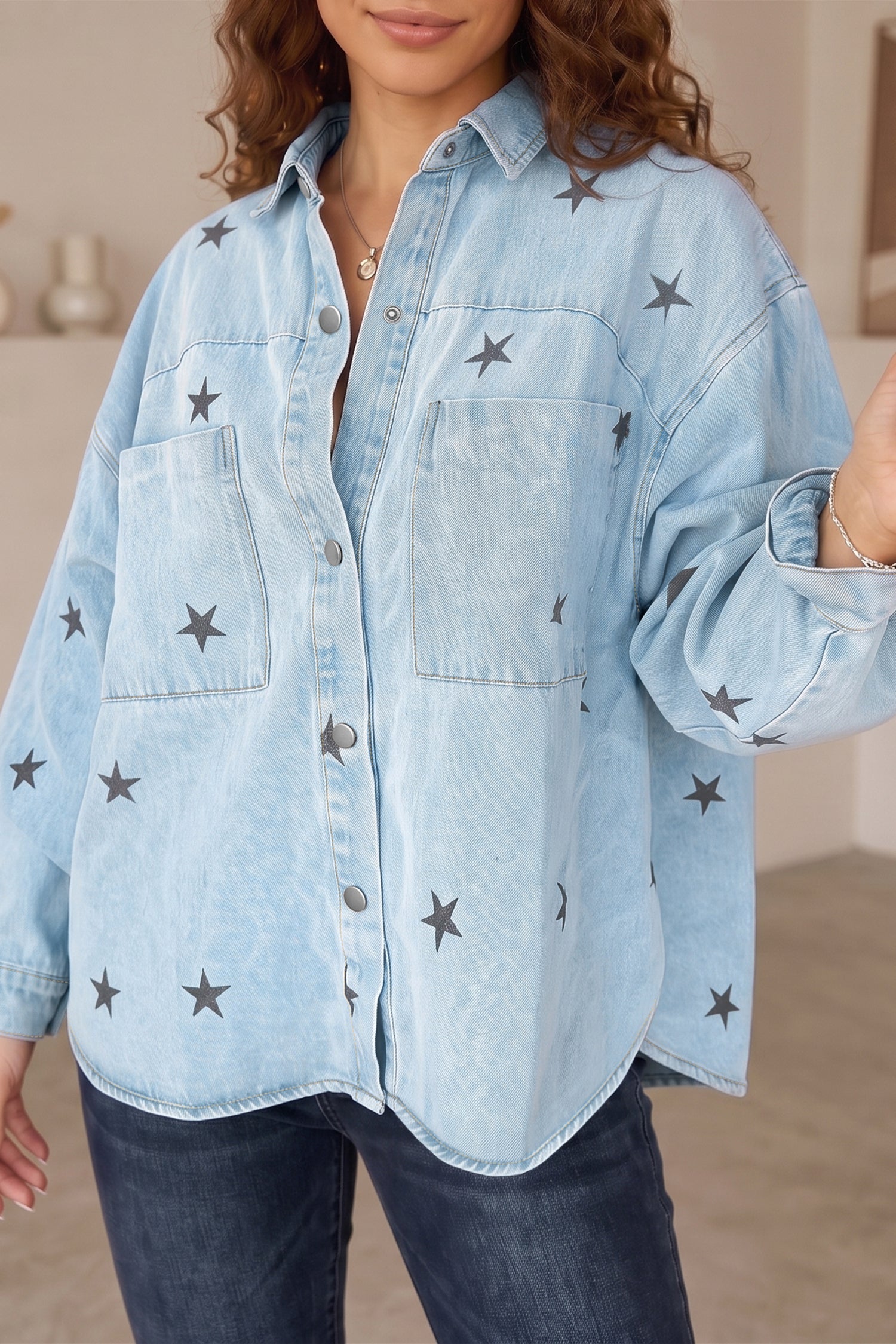 *Sky Blue Stars Pattern Long Sleeve Shirt Collar Denim Jacket