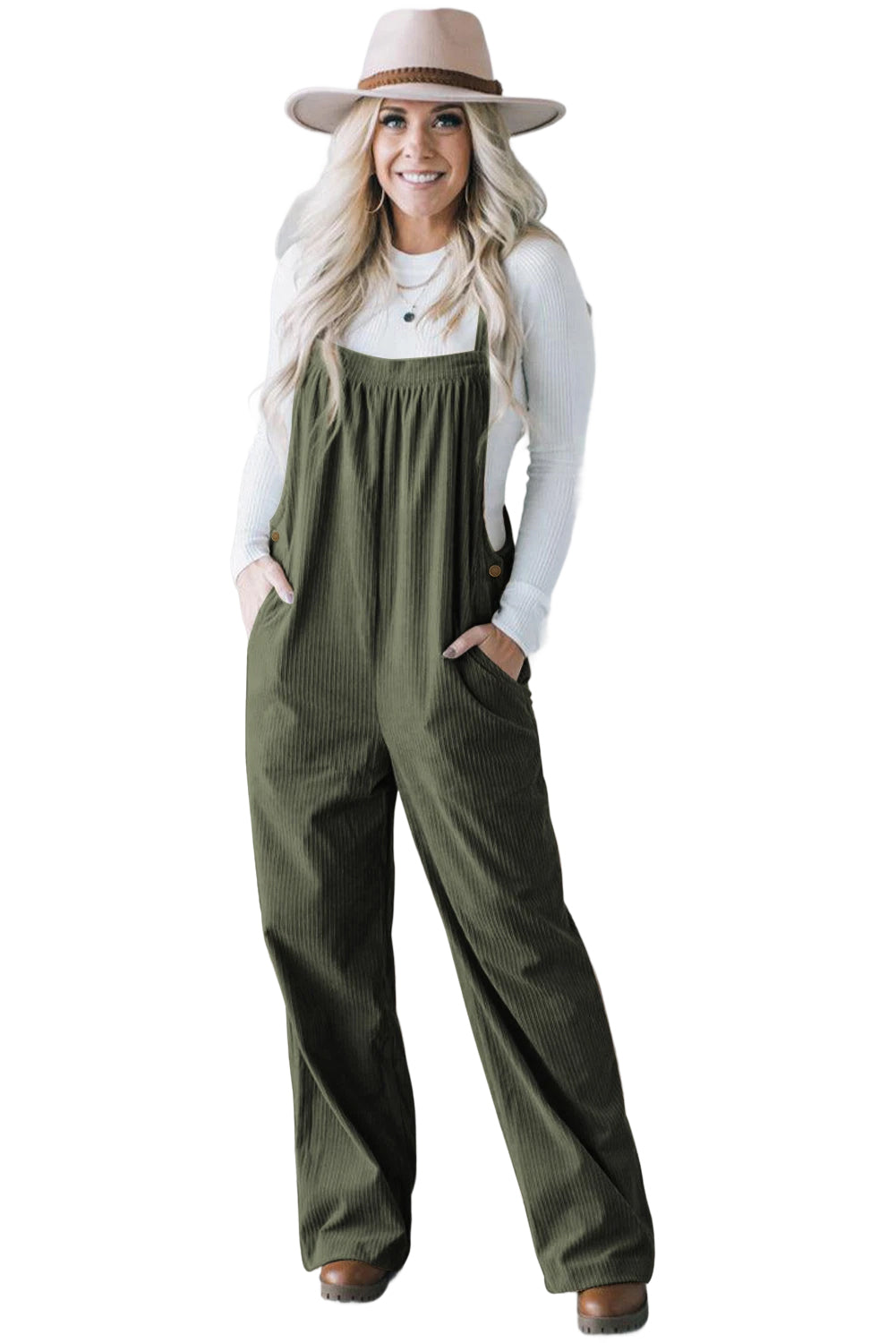 *Jungle Green Button Adjustable Straps Solid Color Corduroy Jumpsuit