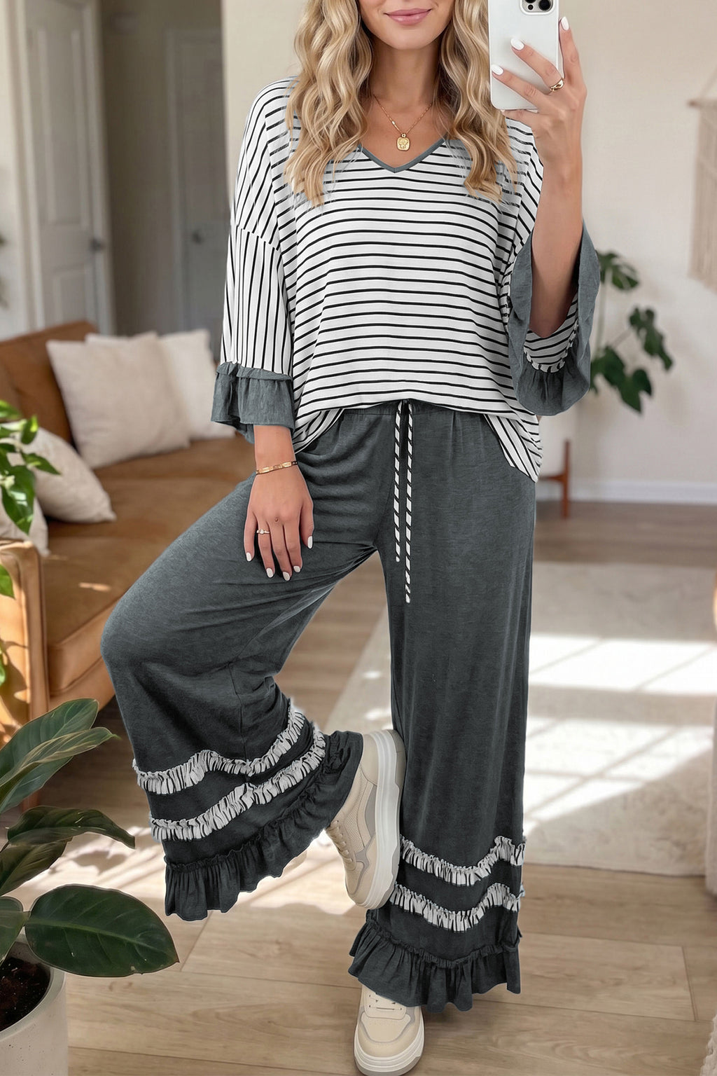 *Gray Stripe V Neck Ruffle Contrast Sleeve Top Drawstring Pants 2pcs Set