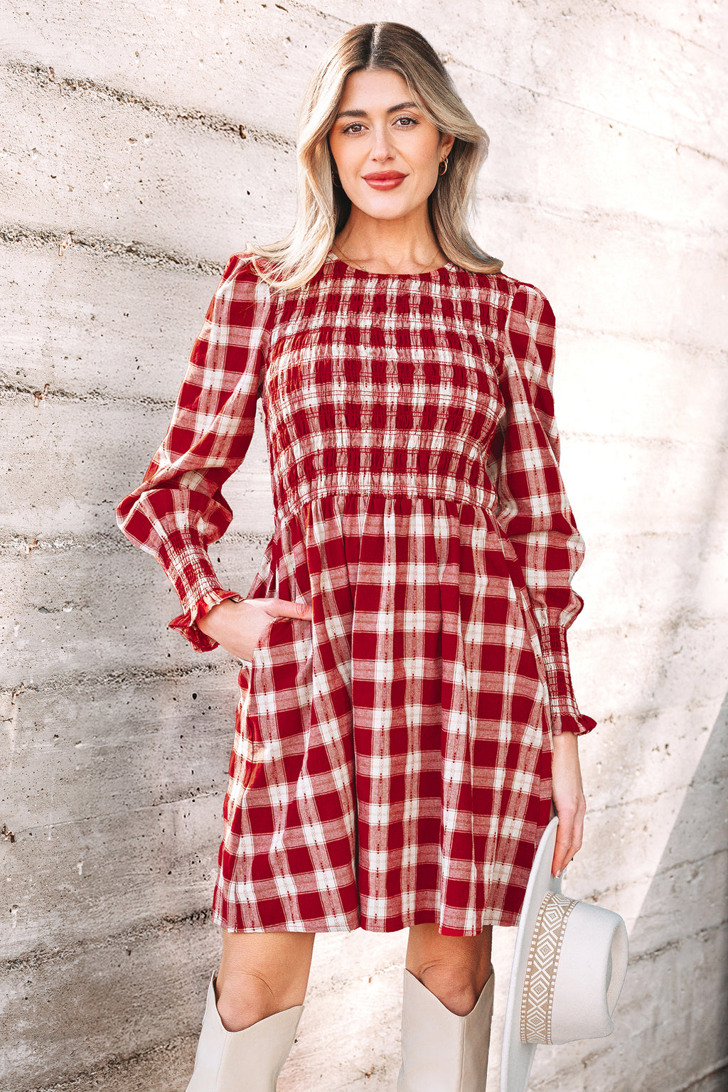 *Red Plaid Print Smocked Puff Sleeve Mini Dress