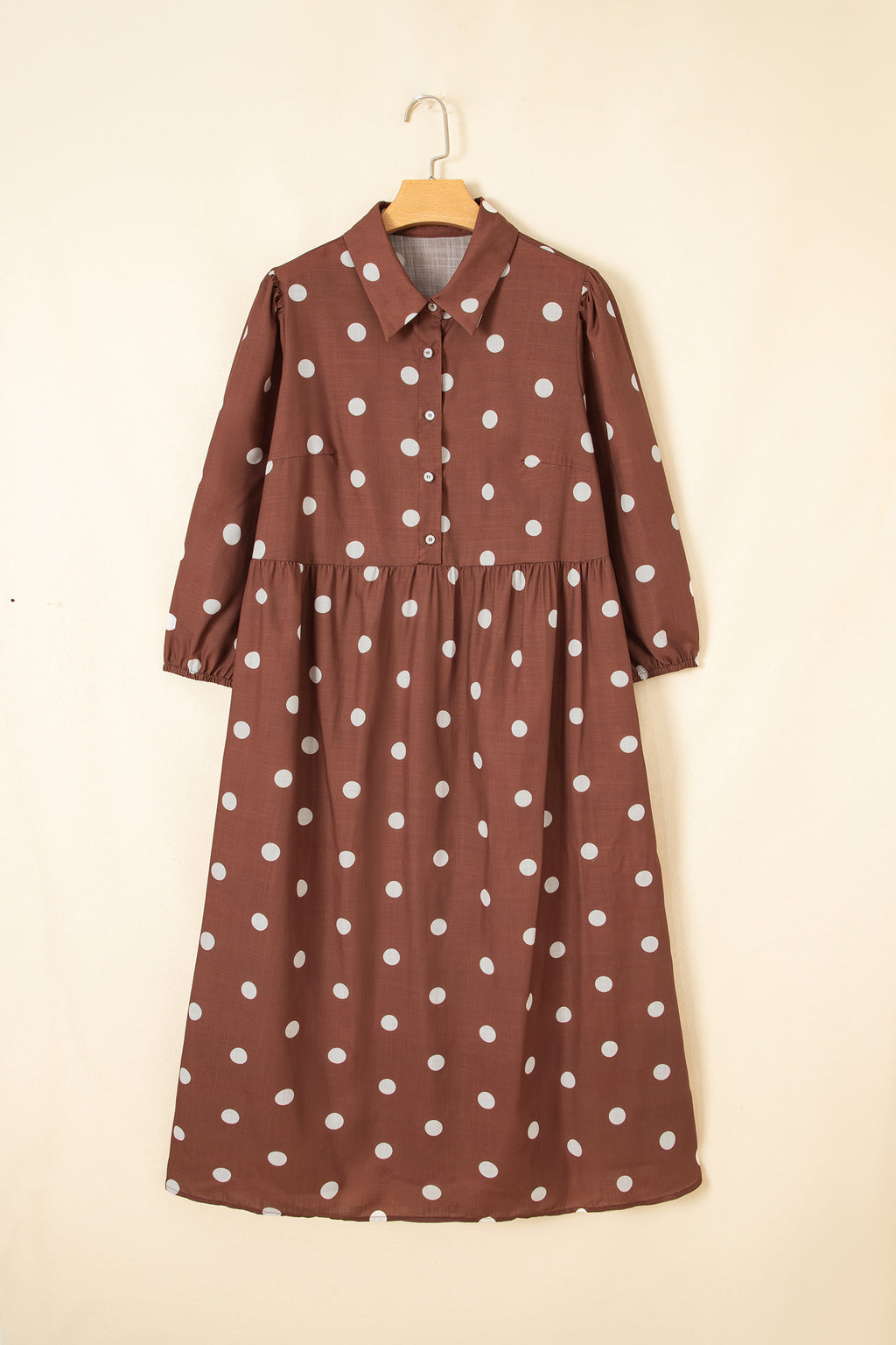 *Brown Polka Dot V Neck Abdomen Pocket Gathered Cuffs Long Sleeve Shift Plus Size Dress