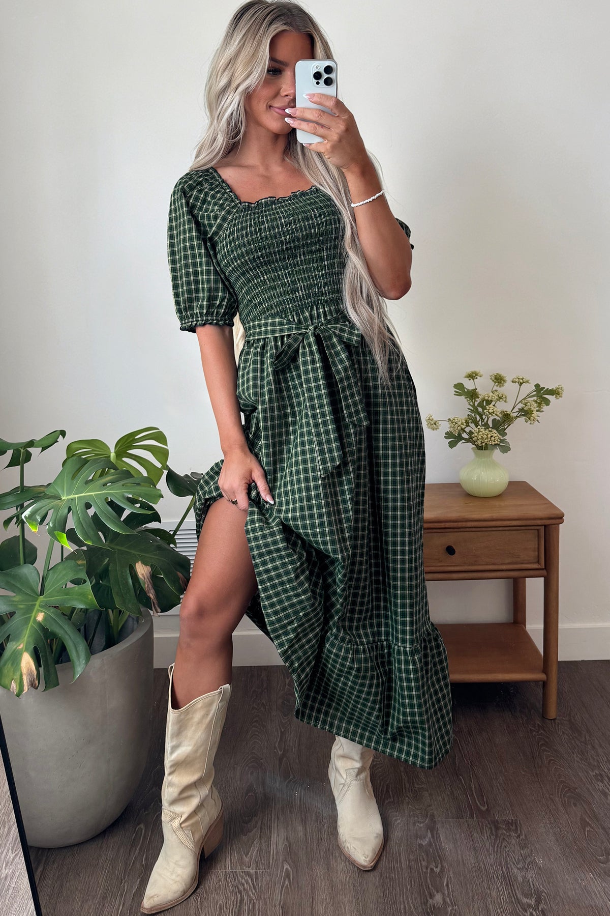 *Green Plaid Square Neck Shirred High Waist Ruffle Hem Dress