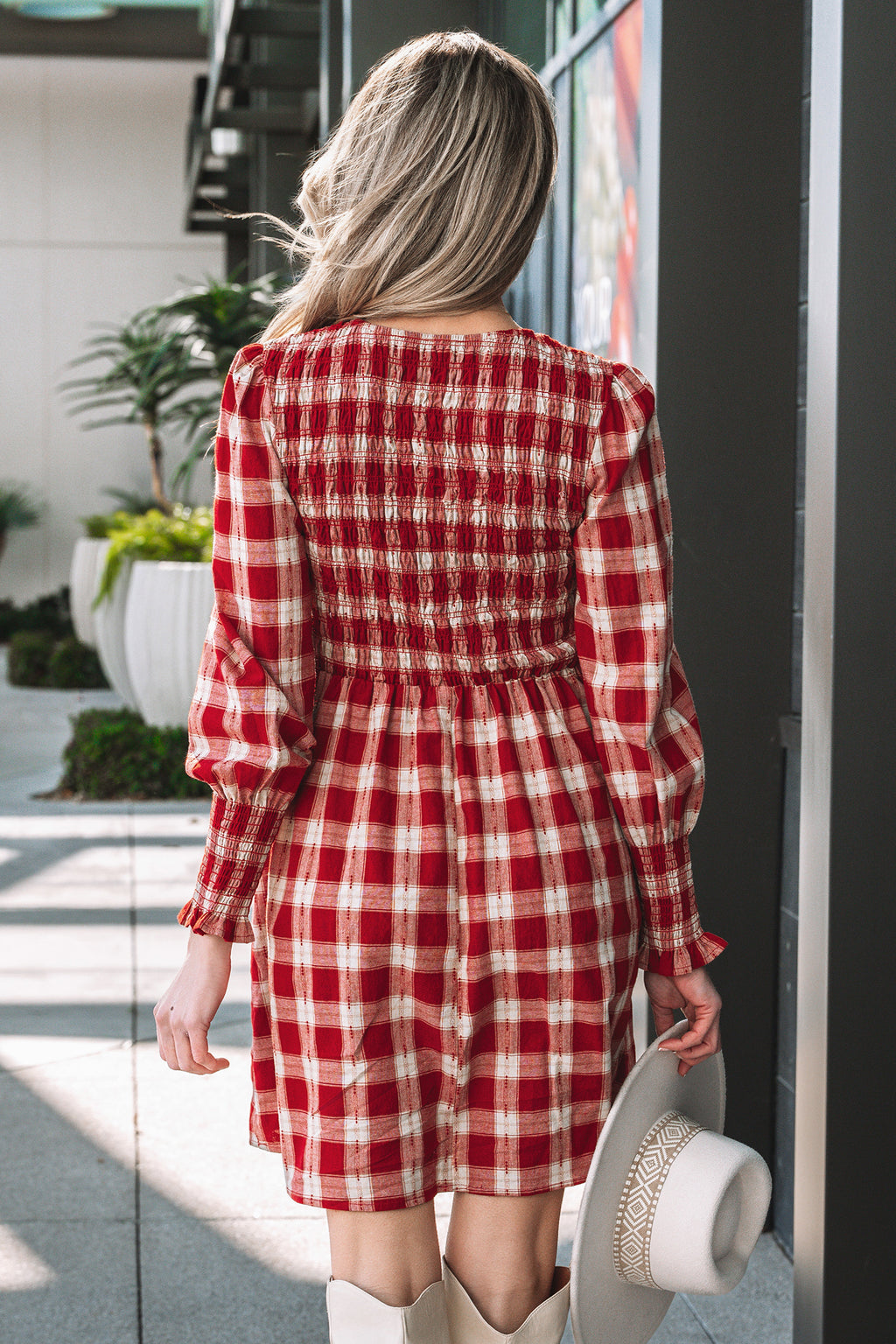 *Red Plaid Print Smocked Puff Sleeve Mini Dress