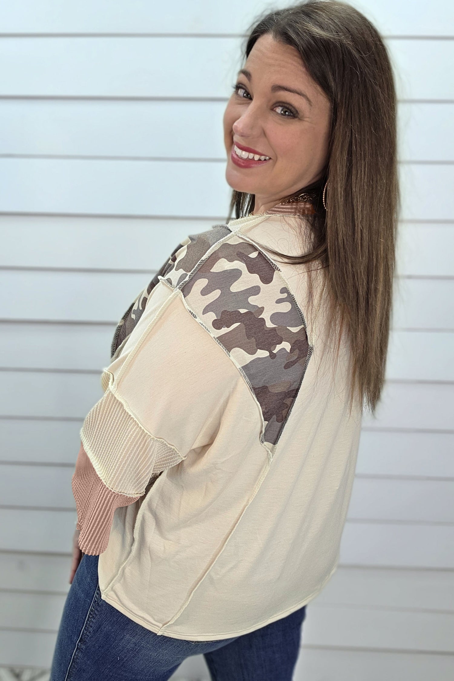 *Apricot Camouflage Panel Twist Rib Sleeve Round Neck Loose Fit Plus Size Blouse