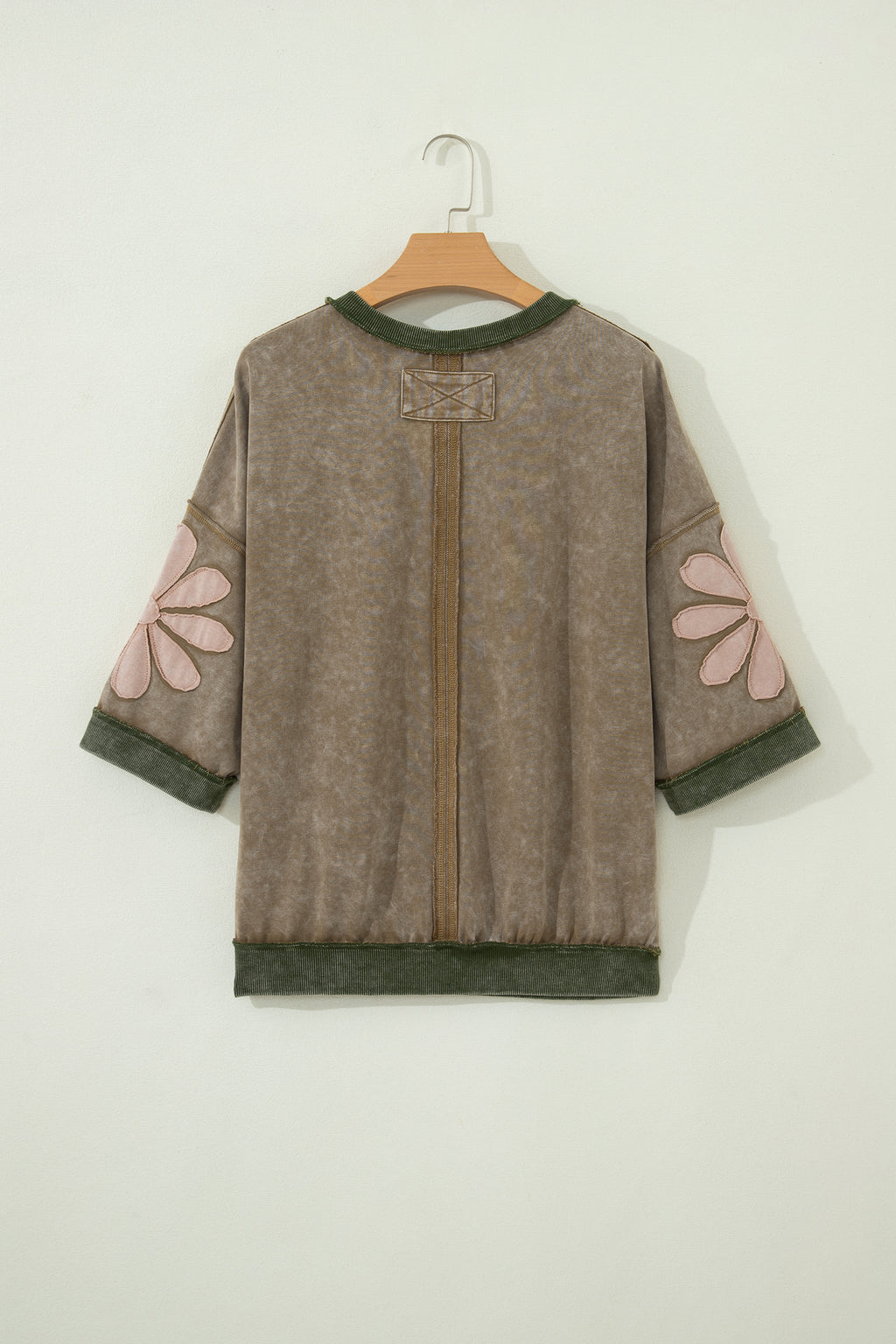 *Breen Mineral Wash Raw Seam Patchwork Flower Patched 3/4 Sleeve Oversize Top