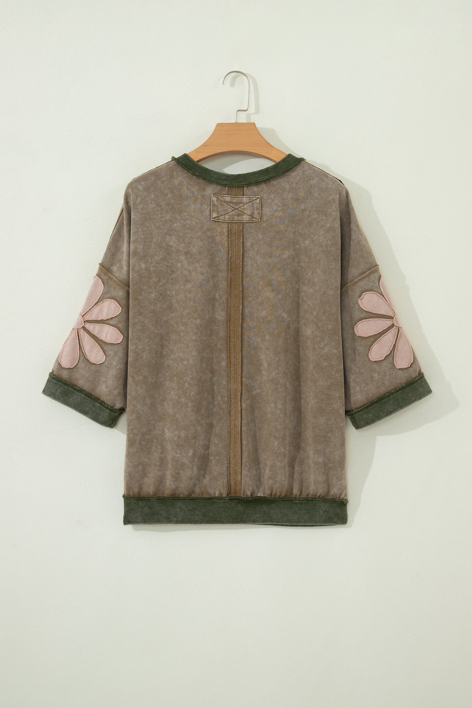 *Breen Mineral Wash Raw Seam Patchwork Flower Patched 3/4 Sleeve Oversize Top