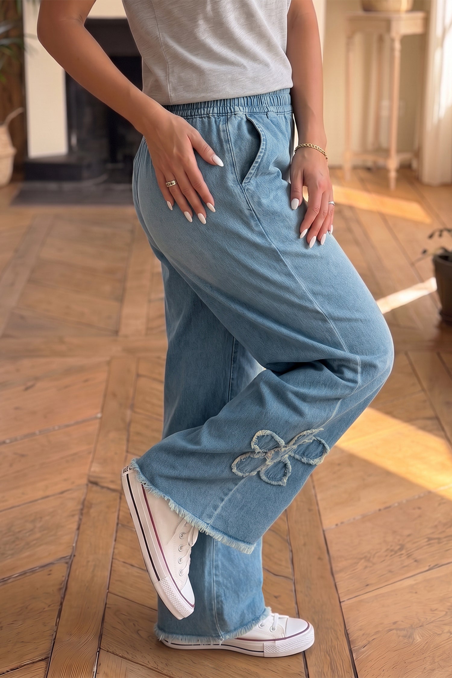 *Beau Blue Frayed Floral Patch Wide Leg Raw Hem Wide Leg Jeans