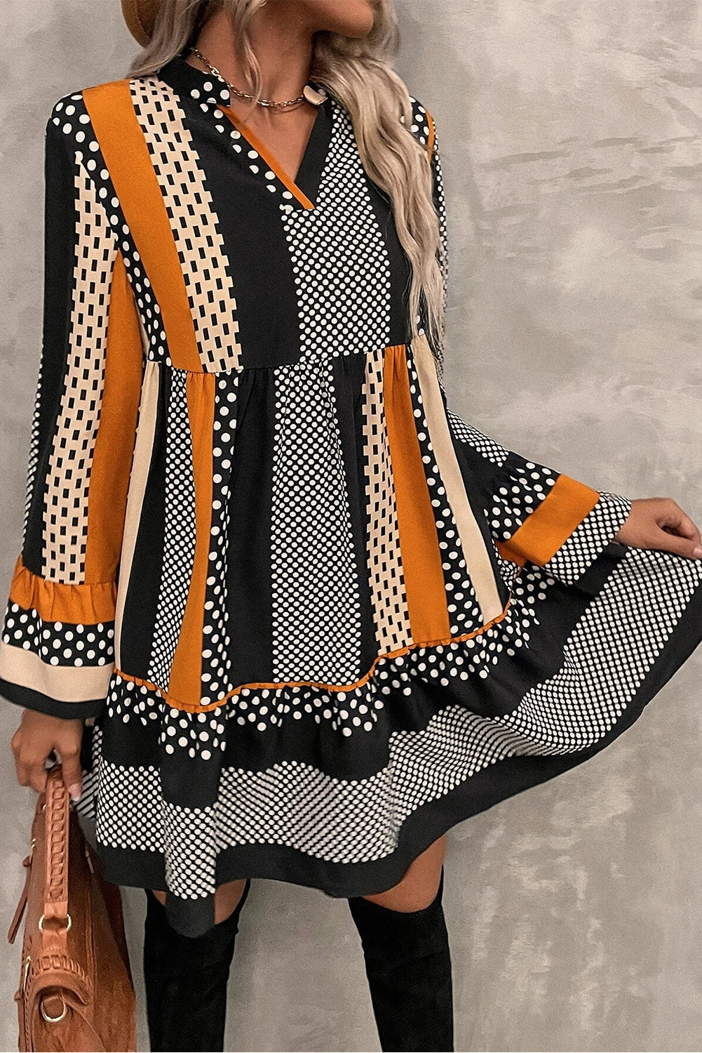 *Black Striped Polka Dot Print Ruffled Hem V Neck Mini Dress