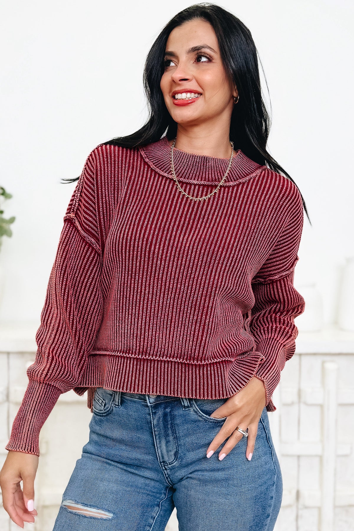 *Red Dahlia Drop Shoulder High Neck Ribbed Sweater