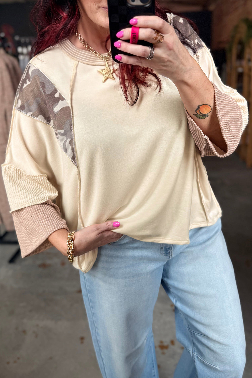 *Beige Camouflage Colorblock Twist Rib Patchwork 3/4 Sleeve Top
