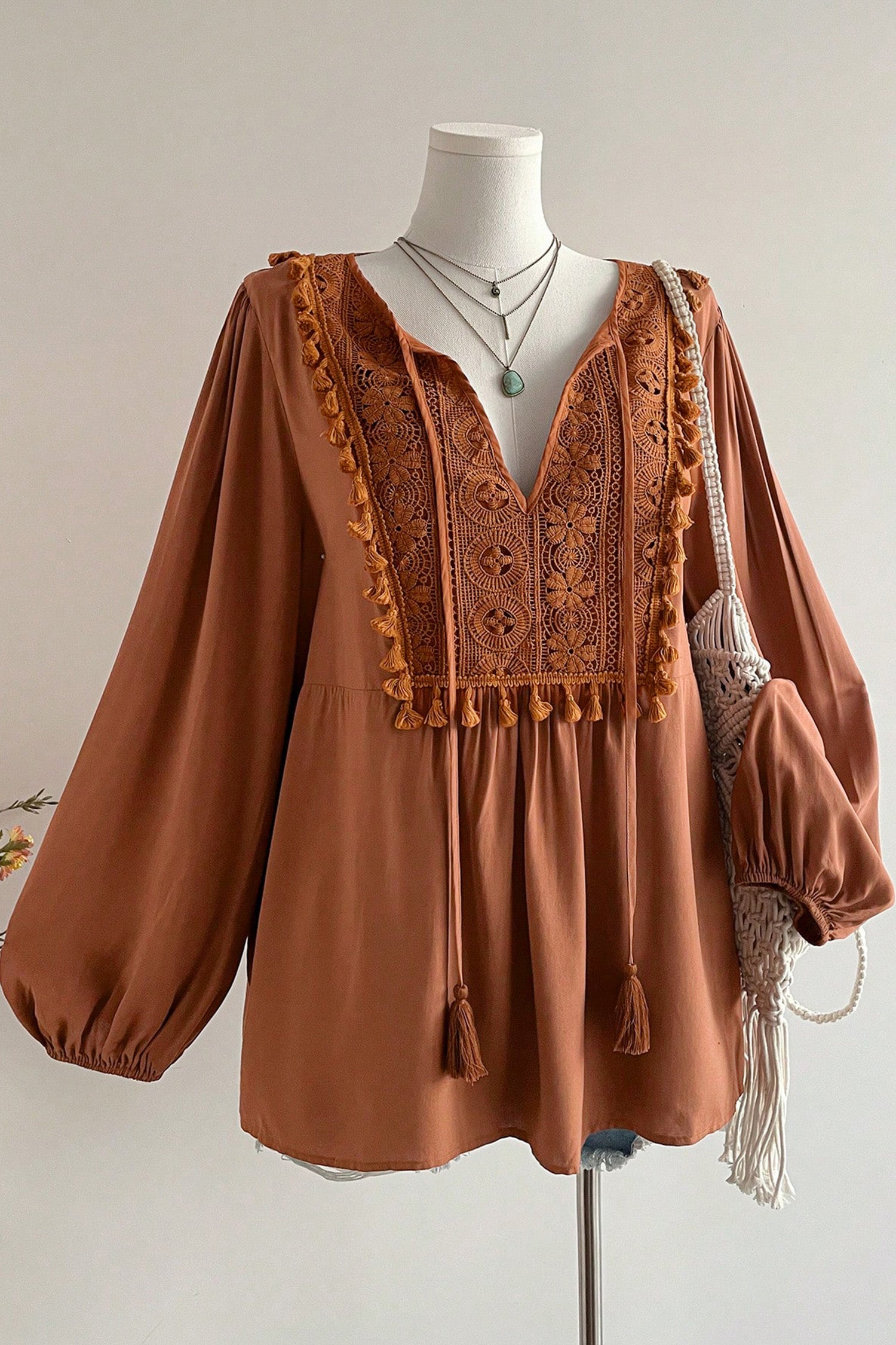 *Chestnut Boho V Neck Embroidered Tassel Long Sleeve Plus Size Blouse