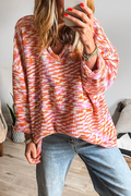 *Orange Vibrant Abstract Print Drop Shoulder V Neck Tunic Oversized Sweater