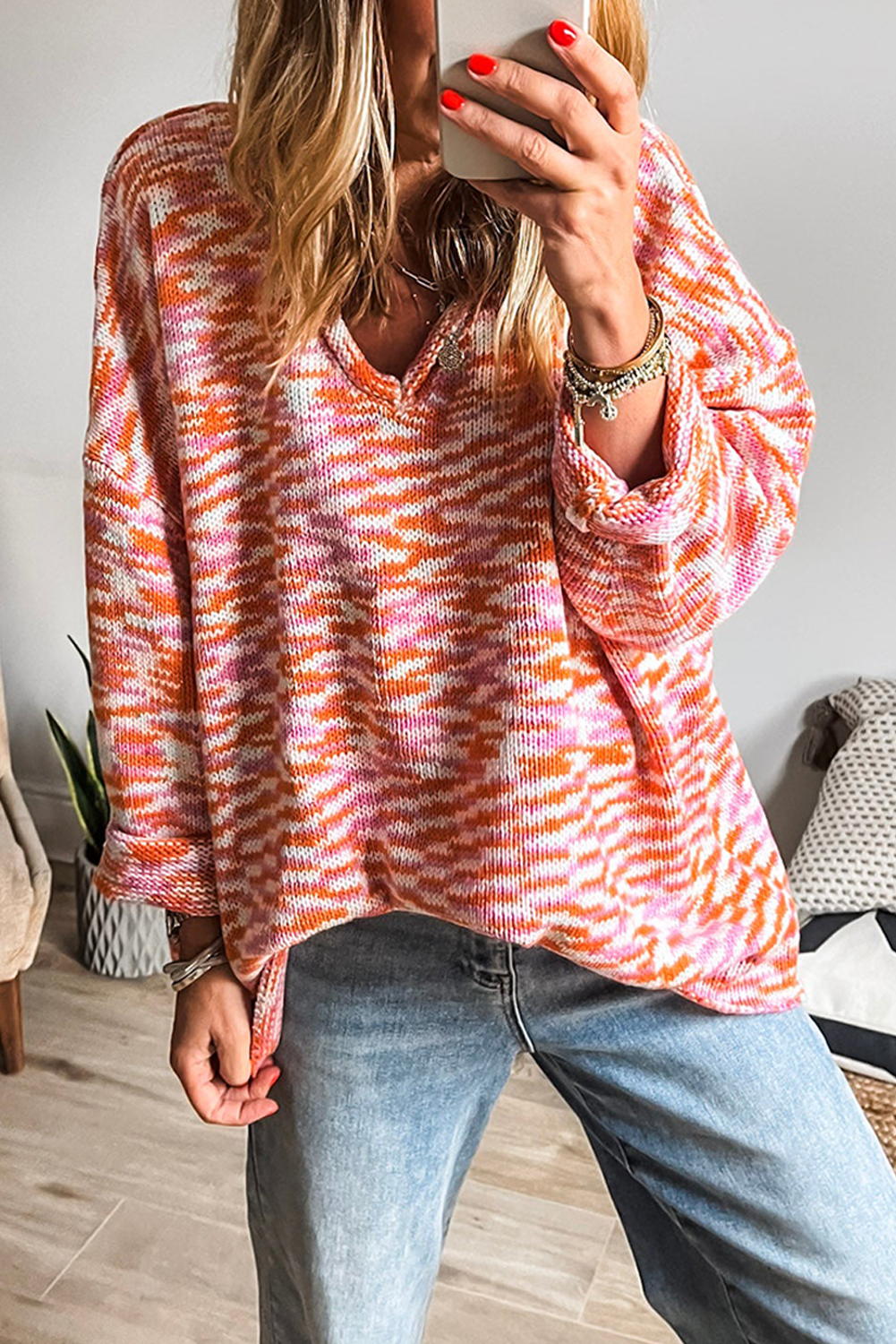 *Orange Vibrant Abstract Print Drop Shoulder V Neck Tunic Oversized Sweater